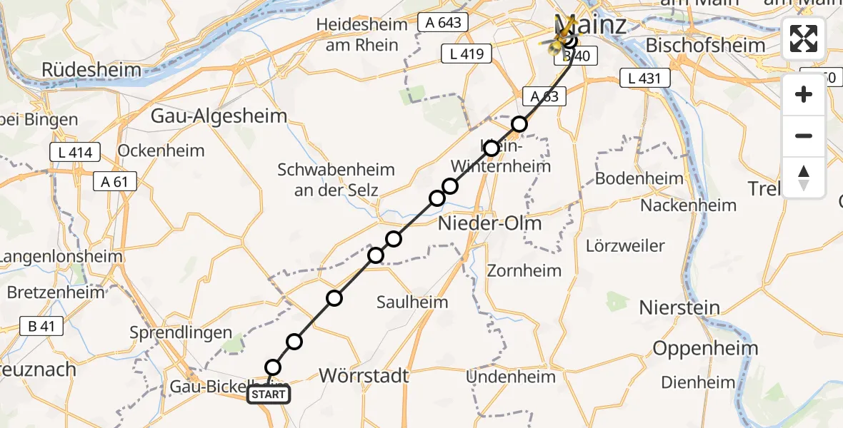Flugroute Rettungshubschrauber Wallertheim - Mainz University Hospital, 03 Juli 2026, 07:11