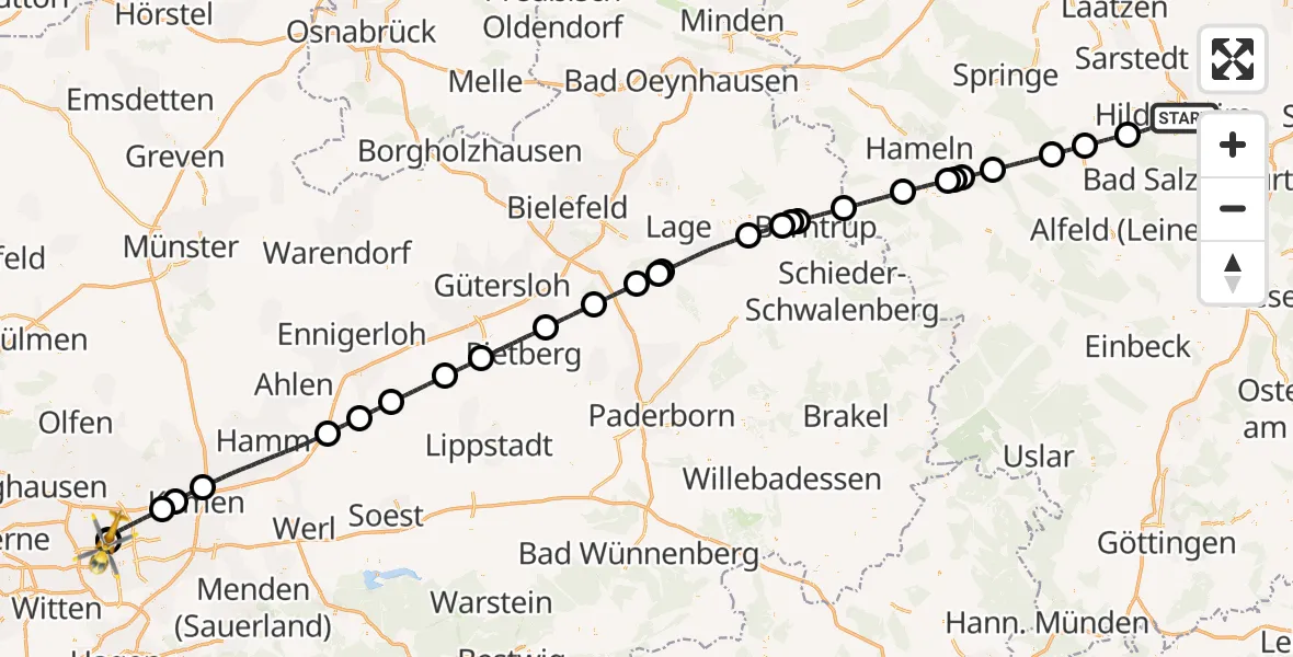 Flugroute Rettungshubschrauber Hildesheim - Dortmund Hospital North, 03 Juli 2026, 07:12
