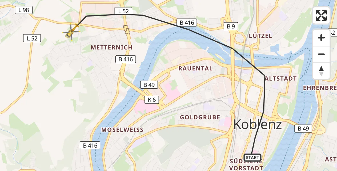 Flugroute Rettungshubschrauber Koblenz - Koblenz, 03 Juli 2026, 07:13