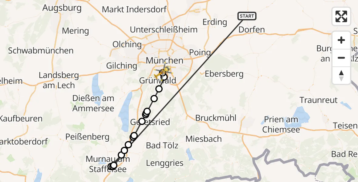 Flugroute Rettungshubschrauber Taufkirchen (Vils) - ADAC Air Rescue Center Hubschrauberlandeplatz (Christoph 1), 03 Juli 2026, 07:15
