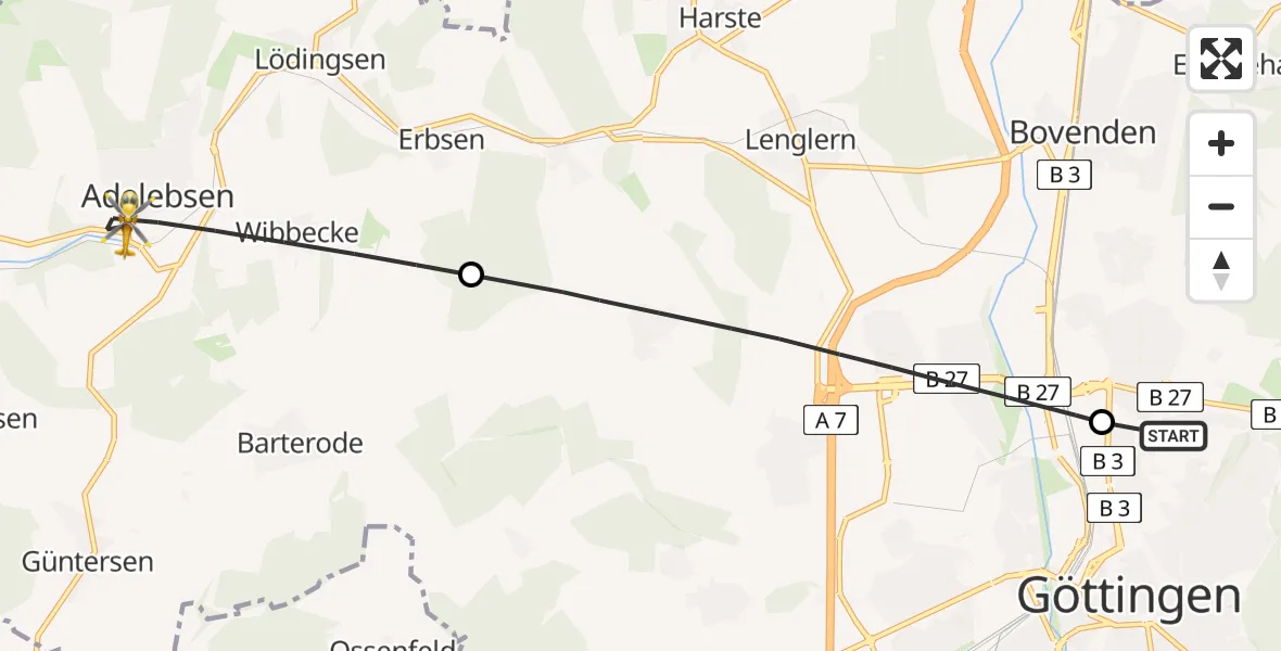 Flugroute Rettungshubschrauber Göttingen University Clinic Hubschrauberlandeplatz - Adelebsen, 03 Juli 2026, 07:19