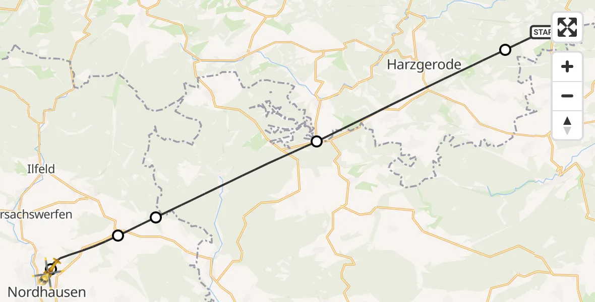 Flugroute Rettungshubschrauber Falkenstein/Harz - Südharz Hospital Nordhausen, 03 Juli 2026, 07:20