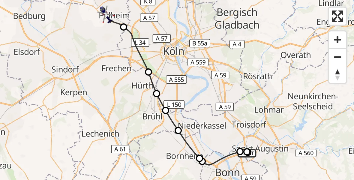 Flugroute Polizeihubschrauber Sankt Augustin - Pulheim, 03 Juli 2026, 07:20