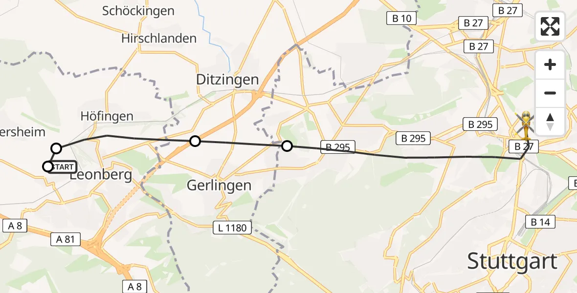 Flugroute Rettungshubschrauber Leonberg Hospital - Stuttgart, 03 Juli 2026, 07:26