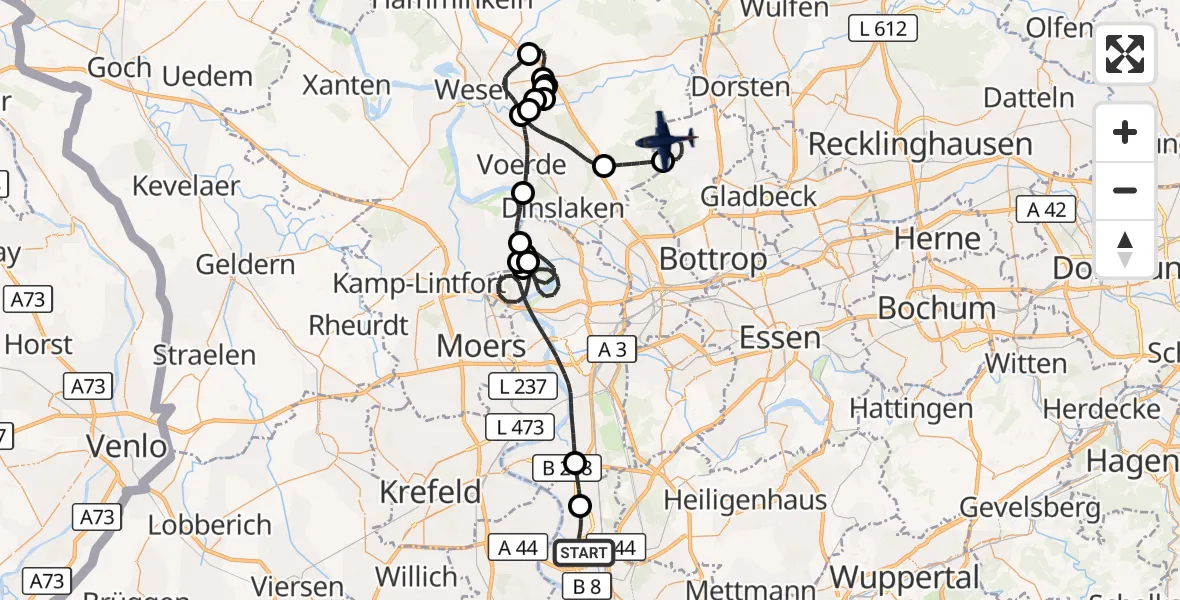 Flugroute Polizeiflugzeug Düsseldorf Flughafen - Bottrop, 03 Juli 2026, 07:36