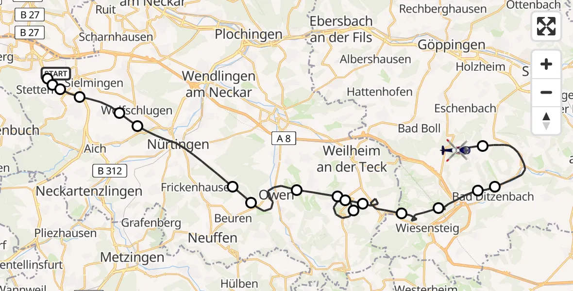 Flugroute Polizeihubschrauber Flughafen Stuttgart - Gruibingen-Nortel Flugplatz, 03 Juli 2026, 07:49