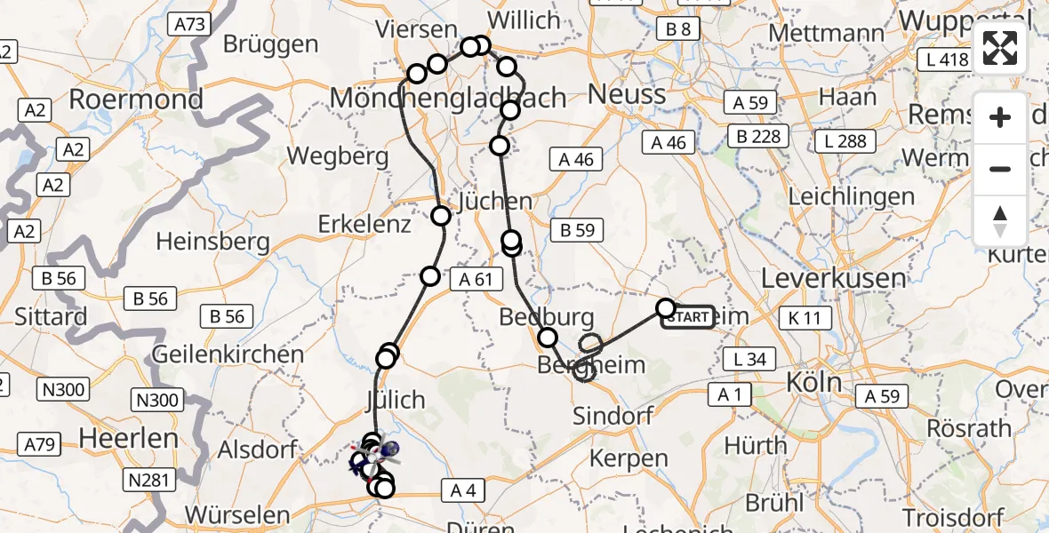 Flugroute Polizeihubschrauber Pulheim - Inden, 03 Juli 2026, 07:53