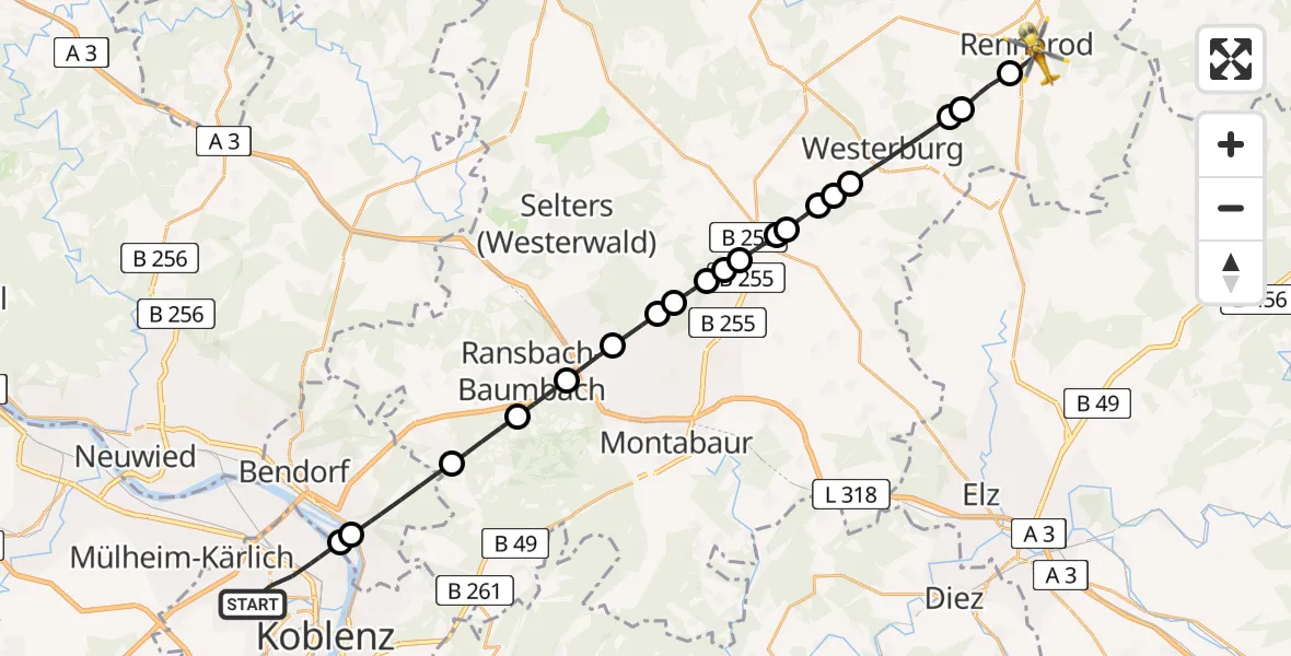 Flugroute Rettungshubschrauber Koblenz - Rennerod, 03 Juli 2026, 07:59
