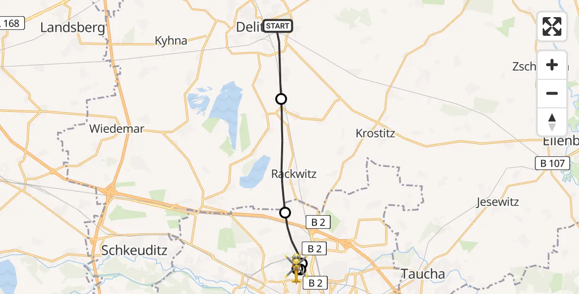 Flugroute Rettungshubschrauber Delitzsch - Sankt Georg Hospital Leipzig Reserve, 03 Juli 2026, 08:02