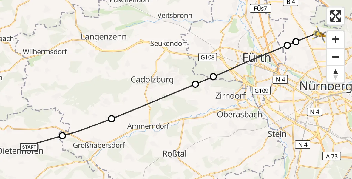 Flugroute Ambulanzhubschrauber Dietenhofen - Flughafen Nuremberg, 03 Juli 2026, 08:07