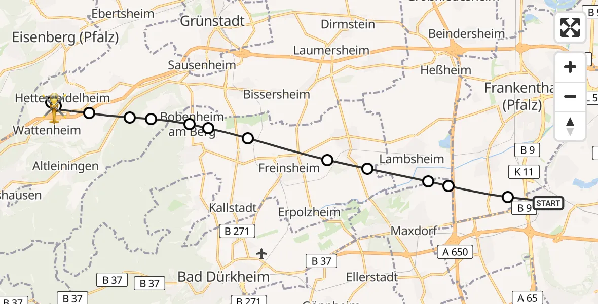 Flugroute Rettungshubschrauber Ludwigshafen am Rhein - Wattenheim, 03 Juli 2026, 08:22