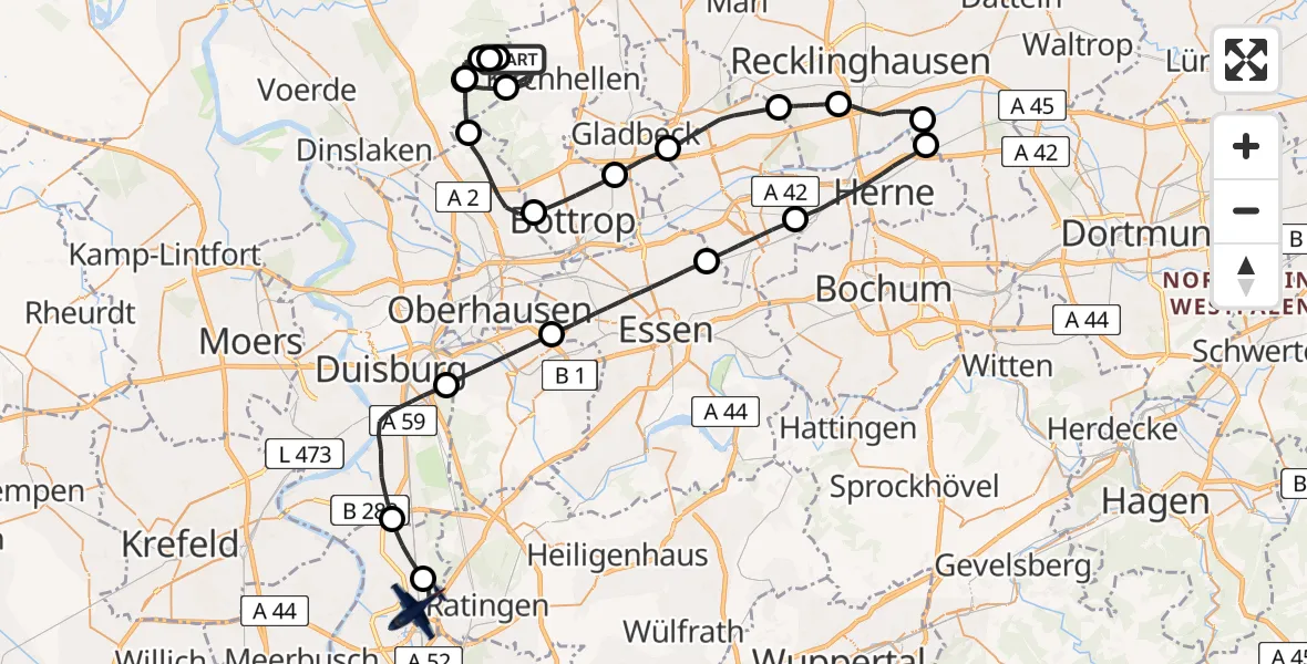 Flugroute Polizeiflugzeug Bottrop - Düsseldorf Flughafen, 03 Juli 2026, 08:24