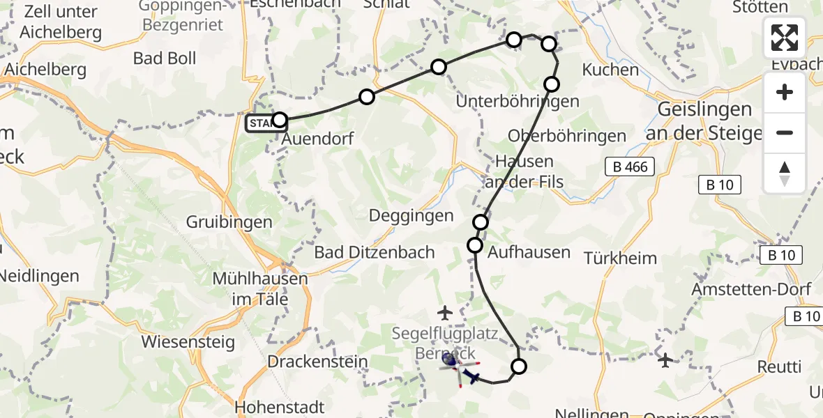 Flugroute Polizeihubschrauber Gruibingen-Nortel Flugplatz - Nellingen, 03 Juli 2026, 08:25