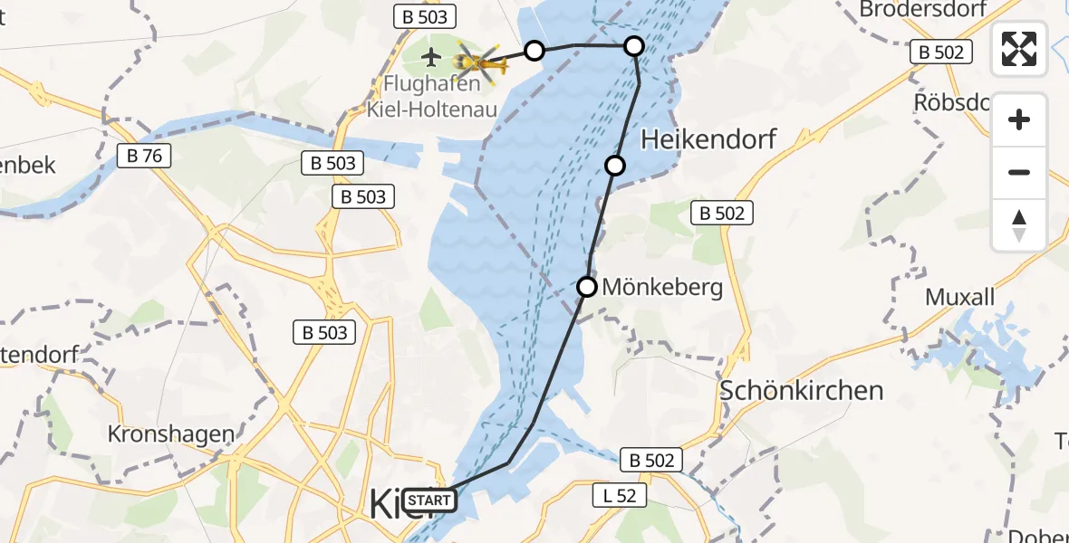 Flugroute Rettungshubschrauber Kiel - Kiel-Holtenau Flughafen, 03 Juli 2026, 08:28