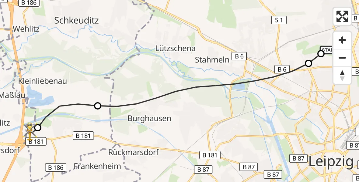 Flugroute Rettungshubschrauber Sankt Georg Hospital Leipzig Reserve - ADAC Air Rescue Station Leipzig/Schkeuditz-Dölzig Hubschrauberlandeplatz (Christoph 61), 03 Juli 2026, 08:33