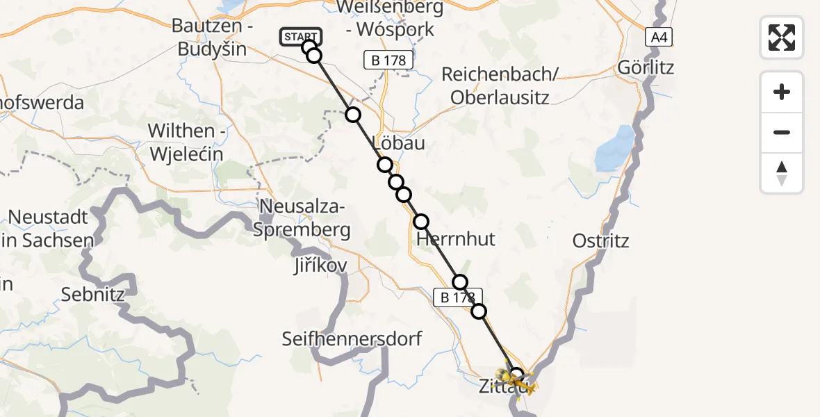 Flugroute Rettungshubschrauber Kubschütz - Zittau, 03 Juli 2026, 08:36