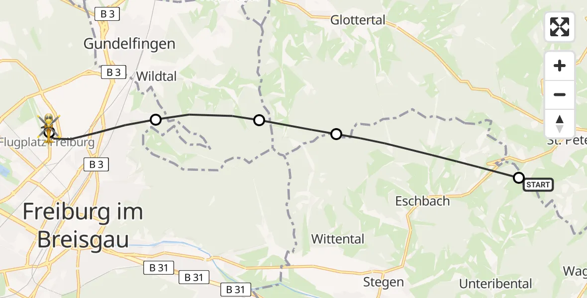 Flugroute Rettungshubschrauber St. Peter - Freiburg im Breisgau Flugplatz, 03 Juli 2026, 08:37
