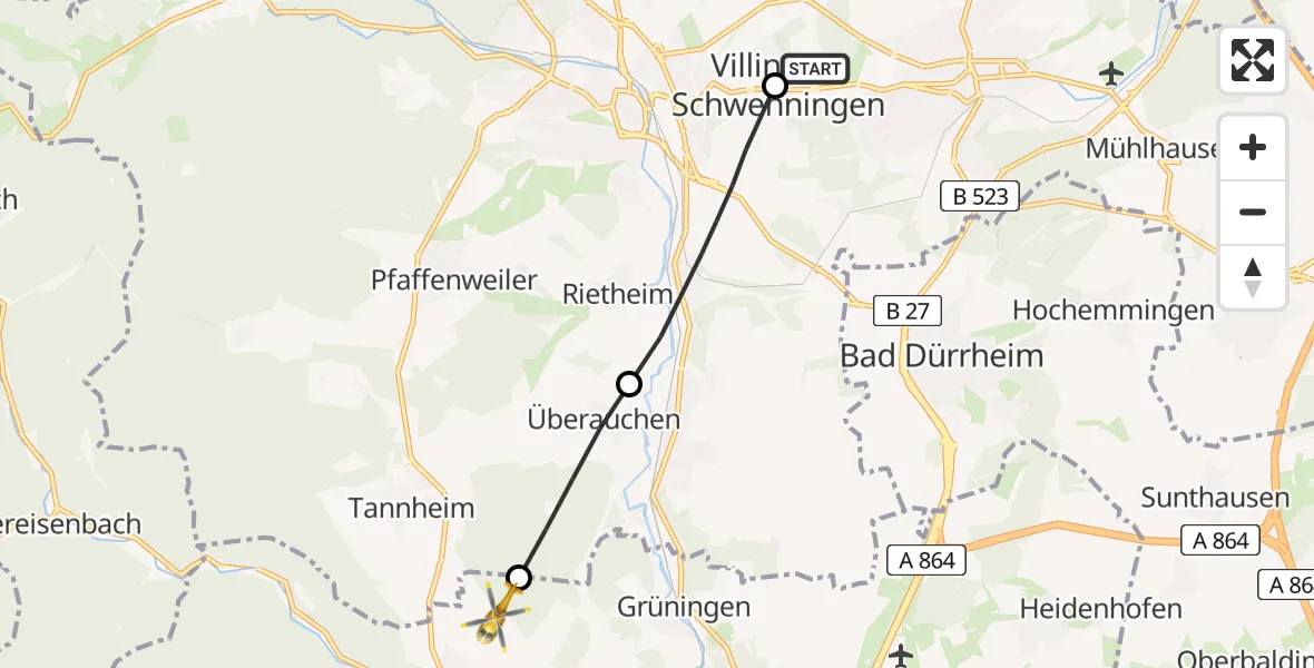 Flugroute Ambulanzhubschrauber DRF Air Rescue Station Villingen-Schwenningen Hubschrauberlandeplatz (Christoph 11) - Donaueschingen, 03 Juli 2026, 08:37