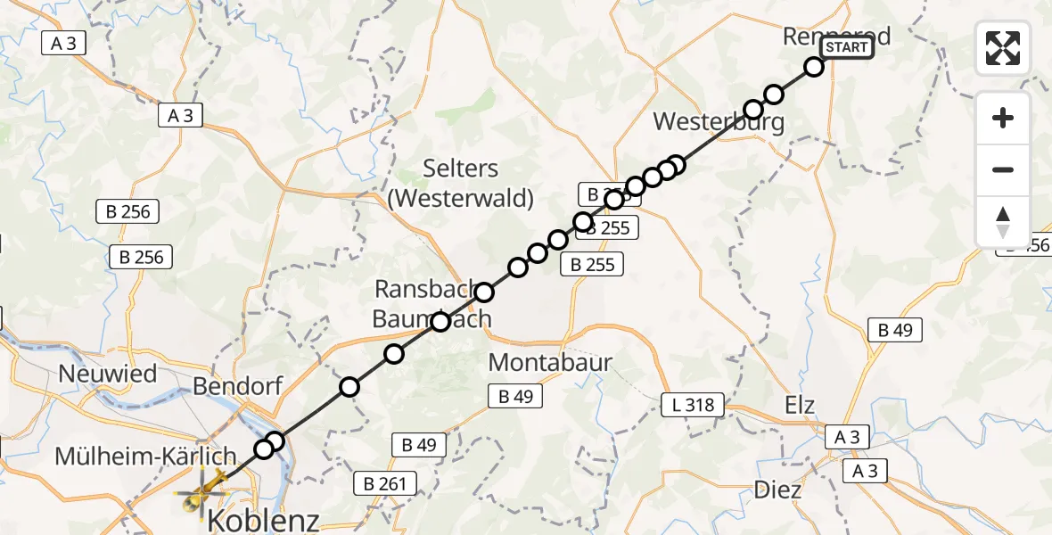 Flugroute Rettungshubschrauber Rennerod - Koblenz, 03 Juli 2026, 08:40