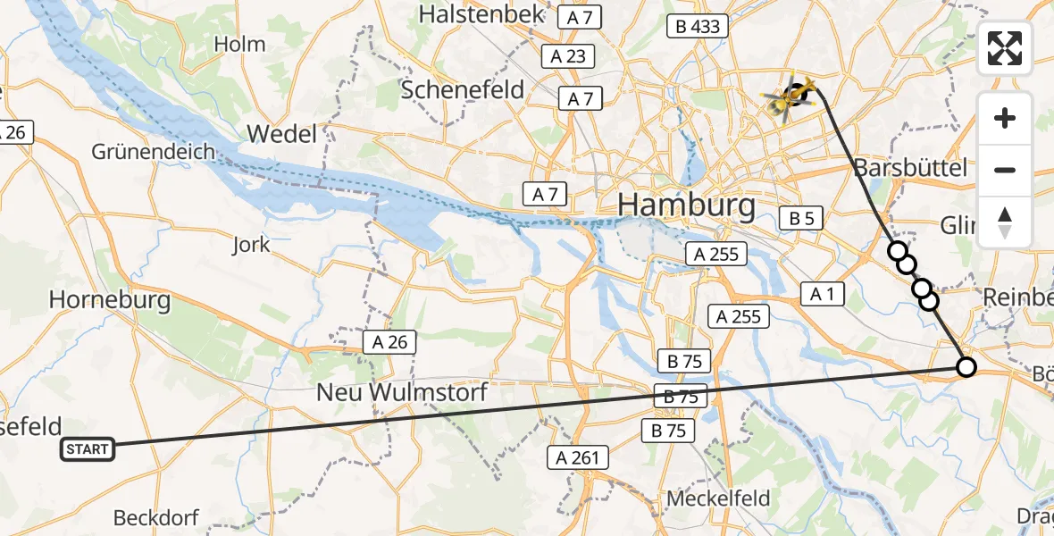 Flugroute Rettungshubschrauber Harsefeld - Hamburg Military Hospital, 03 Juli 2026, 08:46