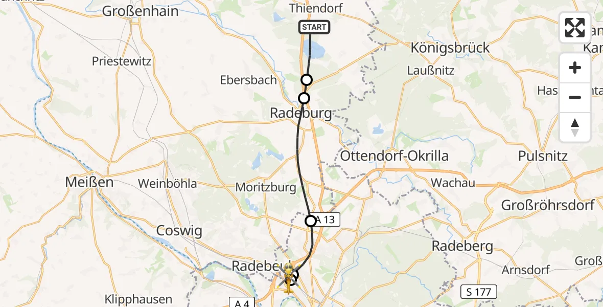 Flugroute Rettungshubschrauber Thiendorf - Dresden Neustadt Hospital, 03 Juli 2026, 08:48