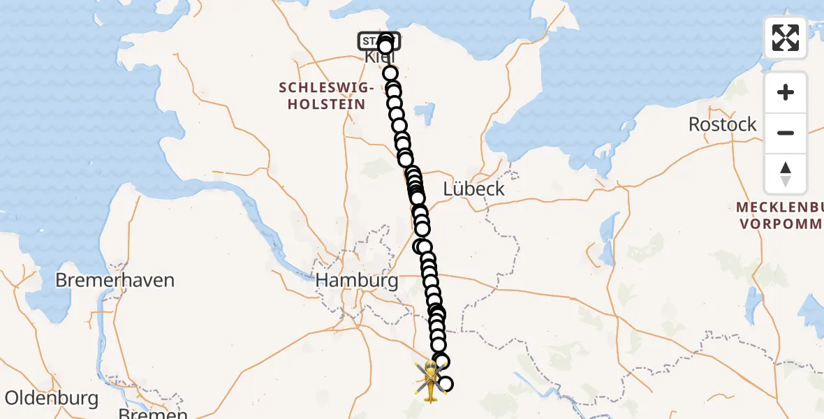 Flugroute Rettungshubschrauber Kiel-Holtenau Flughafen - Deutsch Evern, 03 Juli 2026, 08:49
