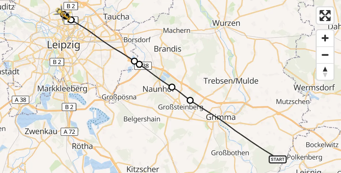 Flugroute Rettungshubschrauber Grimma - Sankt Georg Hospital Leipzig Reserve, 03 Juli 2026, 08:49