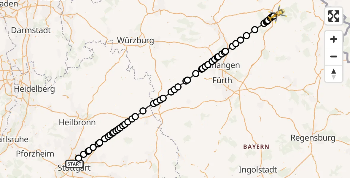 Flugroute Rettungshubschrauber Stuttgart - Bayreuth Flughafen, 03 Juli 2026, 08:55