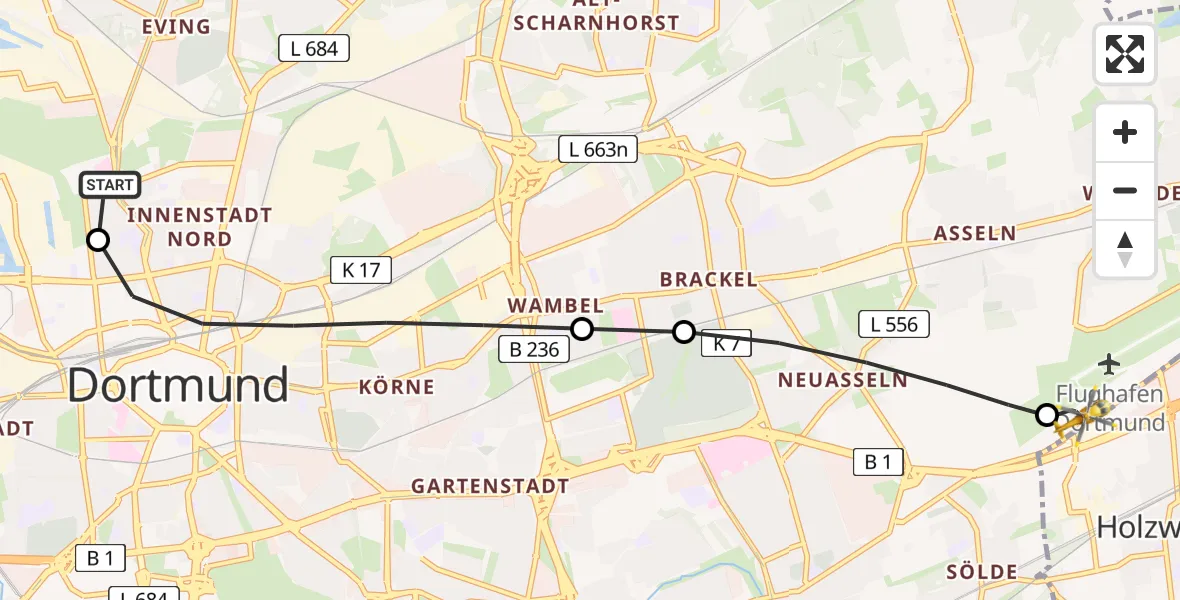 Flugroute Rettungshubschrauber Dortmund Hospital North - Dortmund Flughafen, 03 Juli 2026, 08:57