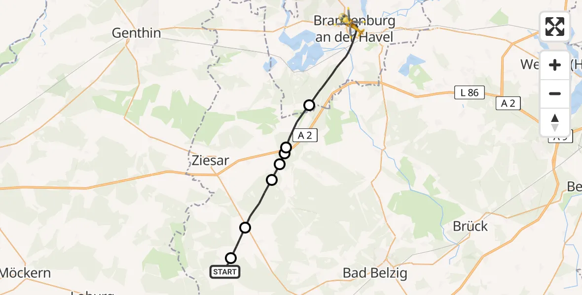 Flugroute Rettungshubschrauber Wiesenburg/Mark - Brandenburg an der Havel, 03 Juli 2026, 09:04