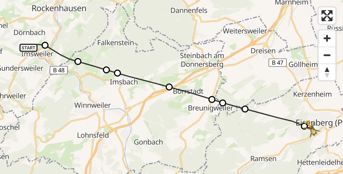 Flugroute Rettungshubschrauber Imsweiler UL - Eisenberg (Pfalz), 03 Juli 2026, 09:06