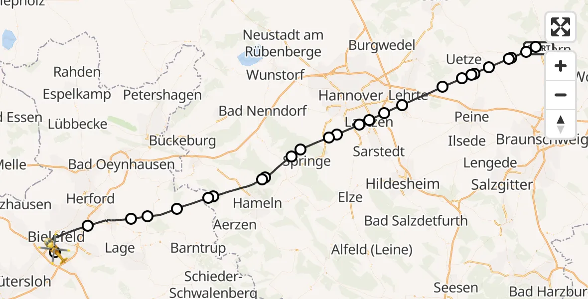 Flugroute Rettungshubschrauber Gifhorn Bundespolizei Hubschrauberlandeplatz - Luftrettungszentrum Bielefeld, 03 Juli 2026, 09:08