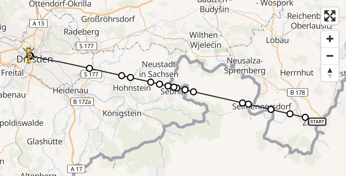 Flugroute Rettungshubschrauber Zittau - Dresden Friedrichstadt Hospital, 03 Juli 2026, 09:11