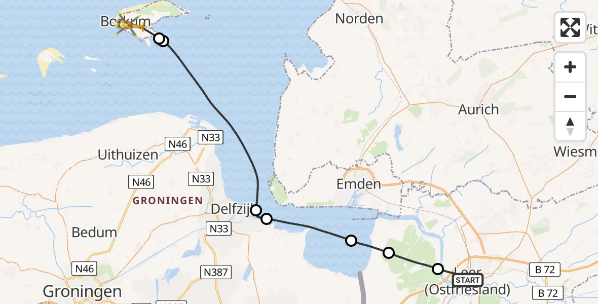 Flugroute Ambulanzhubschrauber Leer (Ostfriesland) - Noordzee, 03 Juli 2026, 09:12