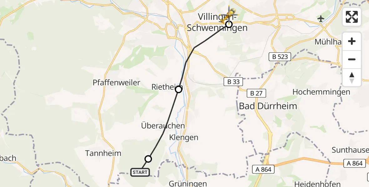 Flugroute Ambulanzhubschrauber Villingen-Schwenningen - DRF Air Rescue Station Villingen-Schwenningen Hubschrauberlandeplatz (Christoph 11), 03 Juli 2026, 09:19