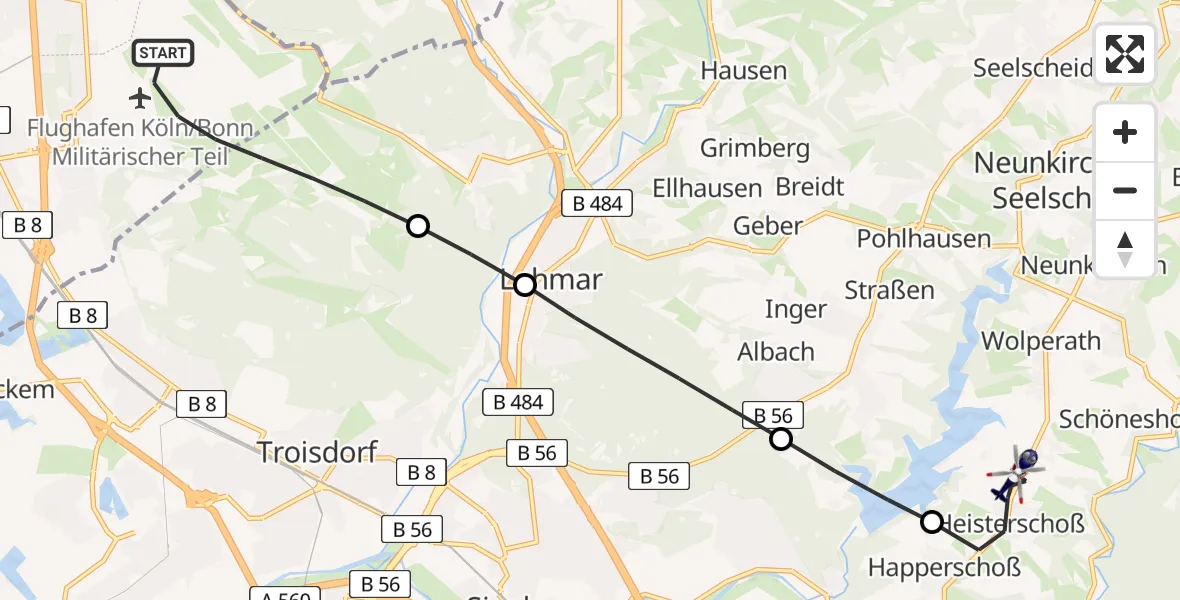 Flugroute Polizeihubschrauber Köln Bonn Flughafen - Hennef (Sieg), 03 Juli 2026, 09:19