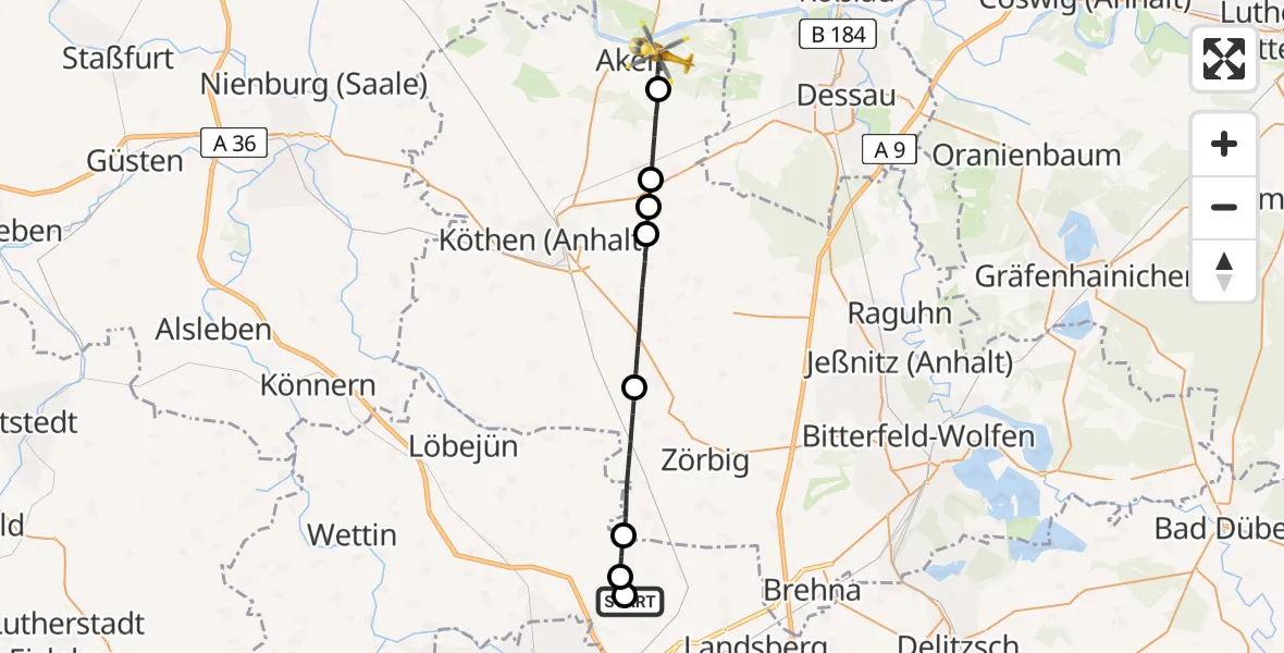 Flugroute Rettungshubschrauber Halle-Oppin Flugplatz - Aken (Elbe), 03 Juli 2026, 09:19