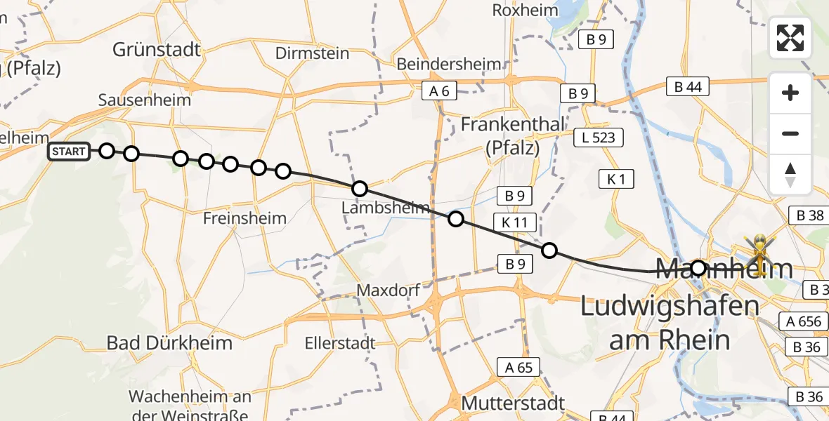 Flugroute Rettungshubschrauber Neuleiningen - Mannheim, 03 Juli 2026, 09:23