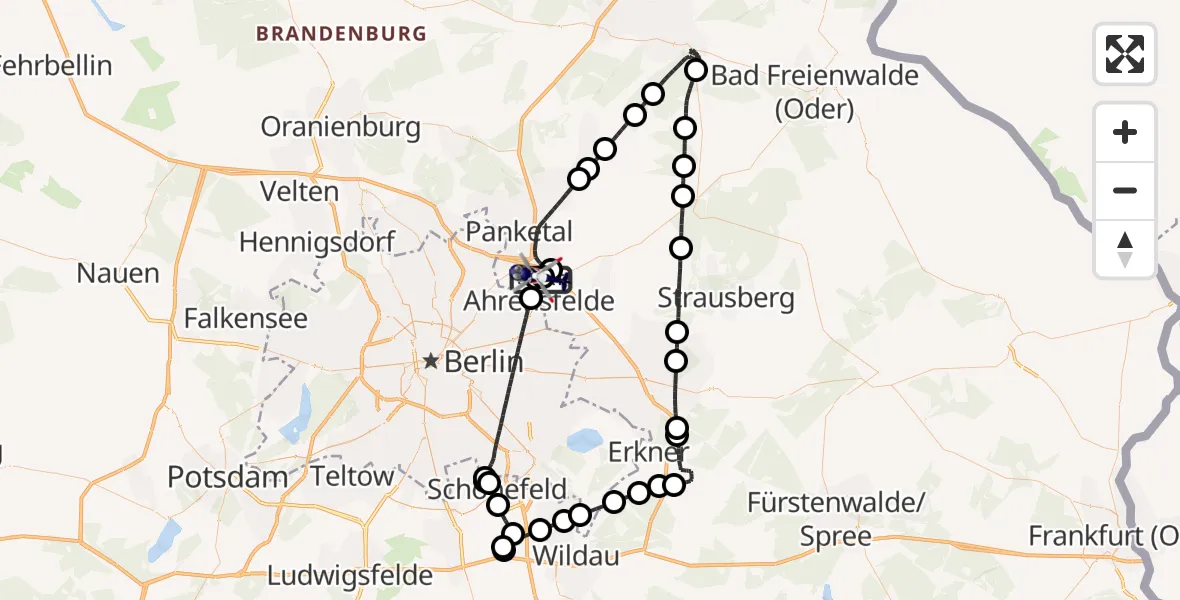 Flugroute Polizeihubschrauber Ahrensfelde Hubschrauberlandeplatz - Ahrensfelde Hubschrauberlandeplatz, 03 Juli 2026, 09:30