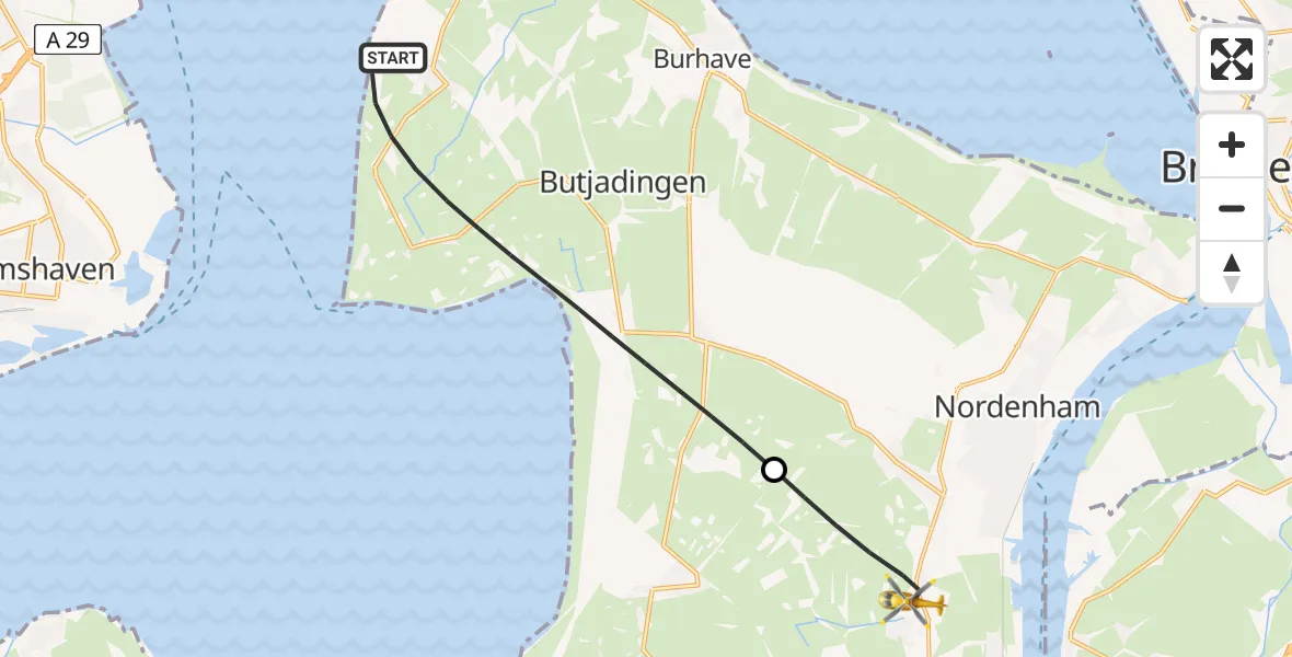 Flugroute Rettungshubschrauber Butjadingen - Nordenham, 03 Juli 2026, 09:36