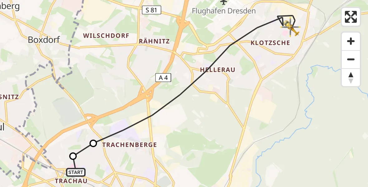 Flugroute Rettungshubschrauber Dresden Neustadt Hospital - Dresden, 03 Juli 2026, 09:39