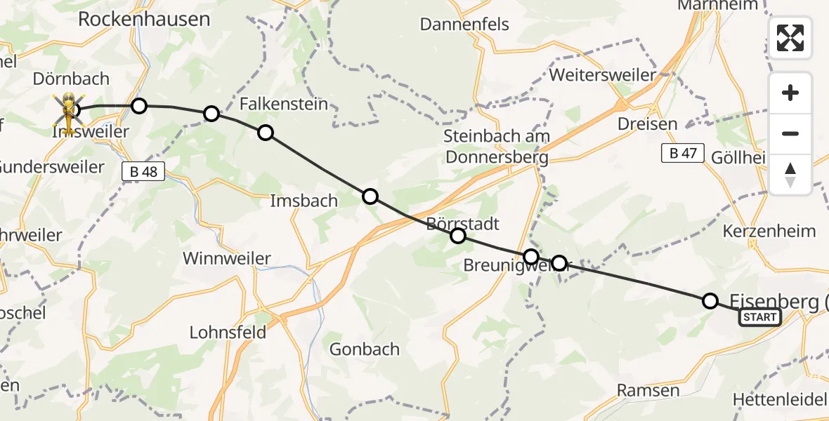 Flugroute Rettungshubschrauber Eisenberg (Pfalz) - Imsweiler UL, 03 Juli 2026, 09:46