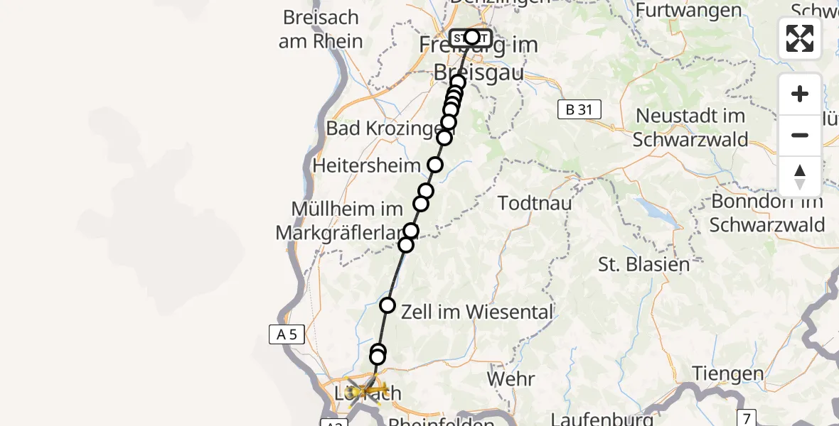 Flugroute Rettungshubschrauber Freiburg im Breisgau Flugplatz - Lörrach, 03 Juli 2026, 09:46