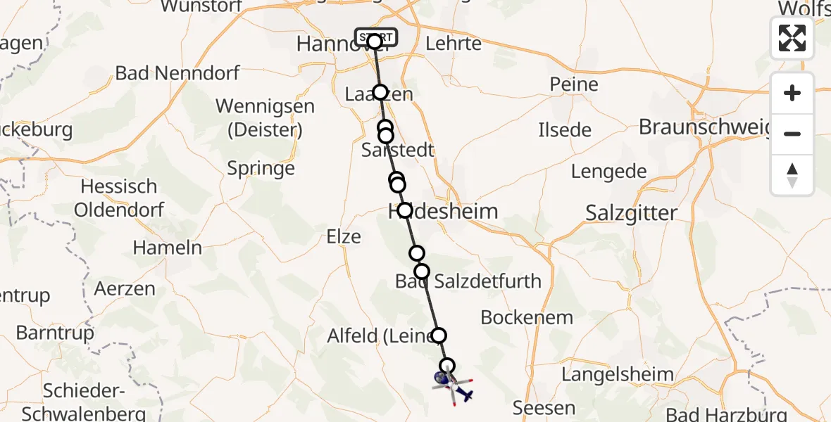 Flugroute Polizeihubschrauber Hannover Luftrettung Hubschrauberlandeplatz (Christoph 4) - Freden (Leine), 03 Juli 2026, 09:50