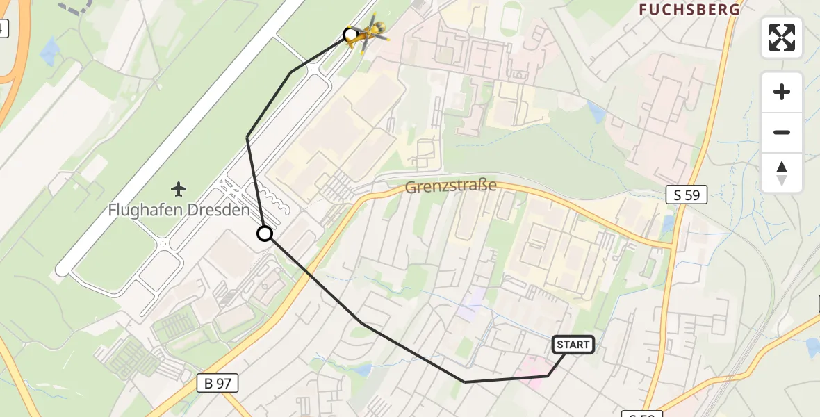 Flugroute Rettungshubschrauber Dresden - Dresden Bundespolizei Hubschrauberlandeplatz, 03 Juli 2026, 09:55