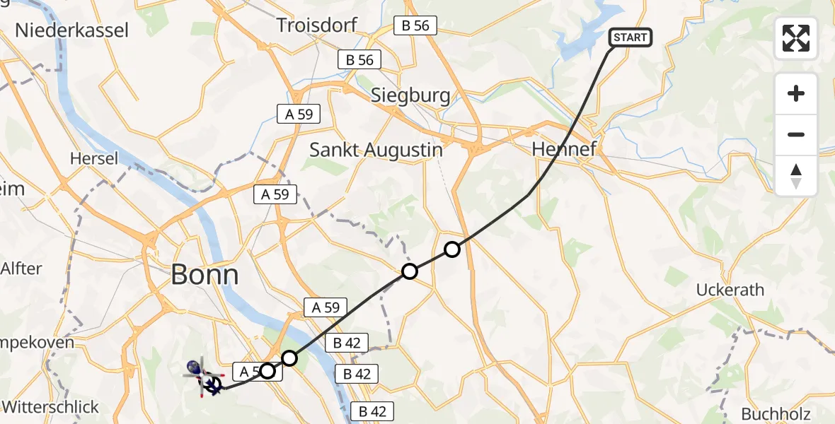 Flugroute Polizeihubschrauber Hennef (Sieg) - Bonn University Hospital, 03 Juli 2026, 09:57