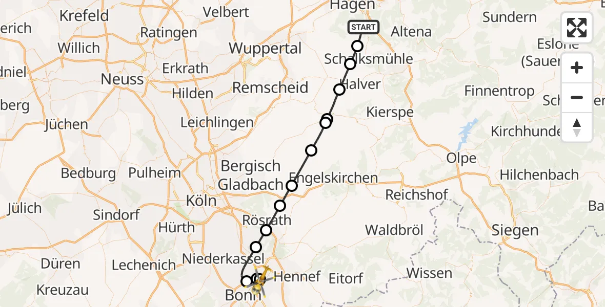 Flugroute Ambulanzhubschrauber Hagen - Bonn-Hangelar Flugplatz, 03 Juli 2026, 09:58