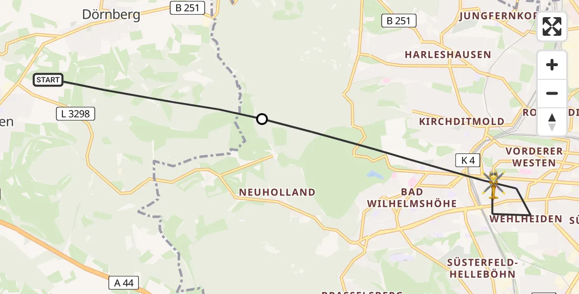 Flugroute Rettungshubschrauber Habichtswald - Kassel, 03 Juli 2026, 10:02