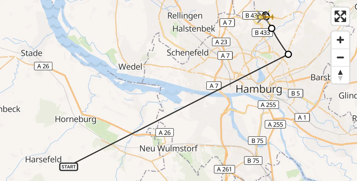 Flugroute Rettungshubschrauber Harsefeld - Hamburg Helmut Schmidt Flughafen, 03 Juli 2026, 10:05