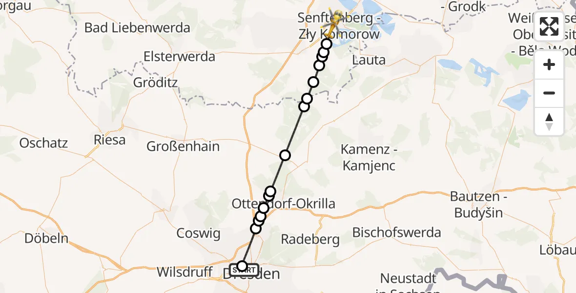 Flugroute Rettungshubschrauber Dresden Friedrichstadt Hospital - Senftenberg, 03 Juli 2026, 10:10